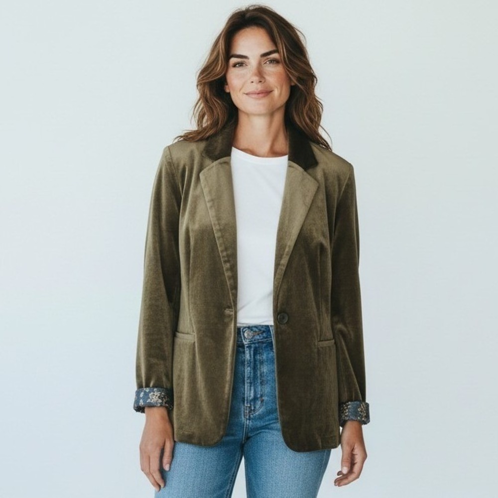 Bobeau Womens Olive Green Stretch Velvet Single Button Blazer Jacket Size L NWT